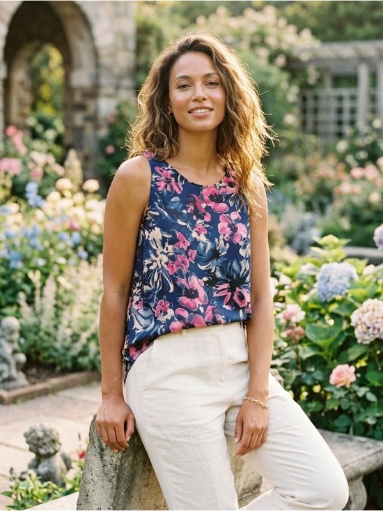 Allison Joy Tops - Allison Joy Navy Floral Tank Top with Pink and Cream Accents